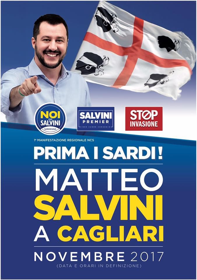 Salvini a Novembre a Cagliari, il leader leghista con la bandiera dei 4 mori