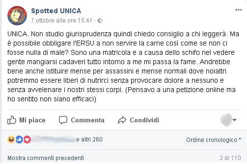 Cagliari, bufera sul post vegetariano: “Mense universitarie separate per assassini e per normali”