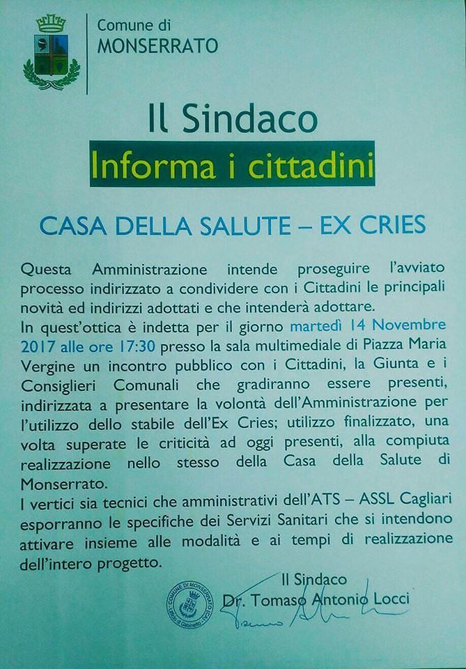 Nuova Casa della Salute a Monserrato, domani assemblea coi cittadini
