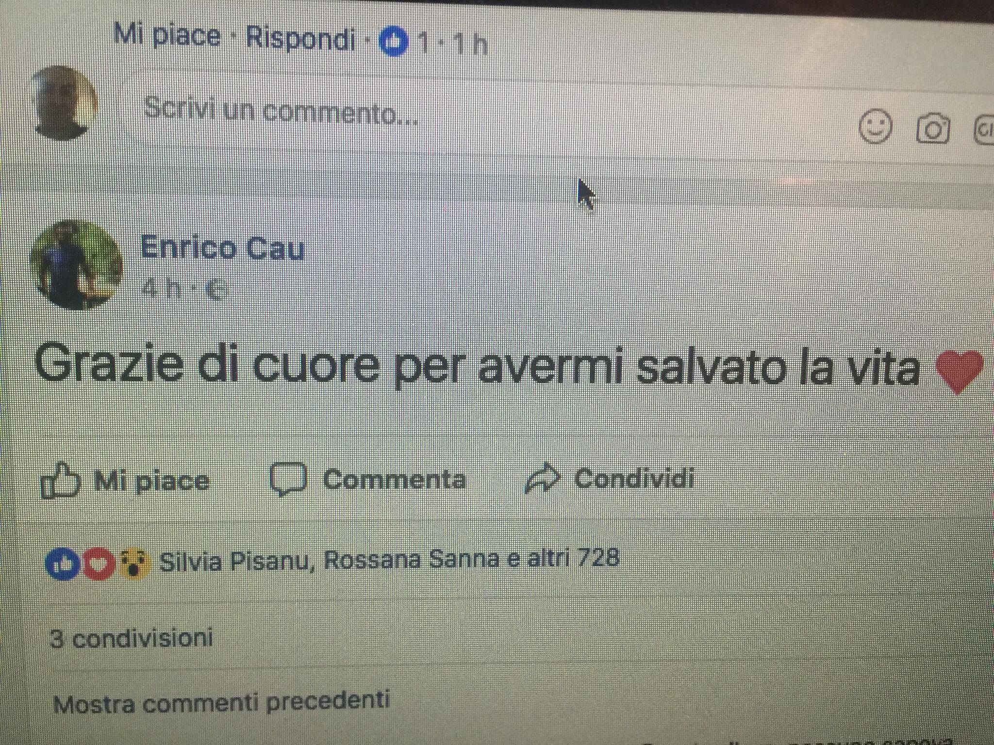 Enrico Cau, il bellissimo post: “Grazie di cuore per avermi salvato la vita”