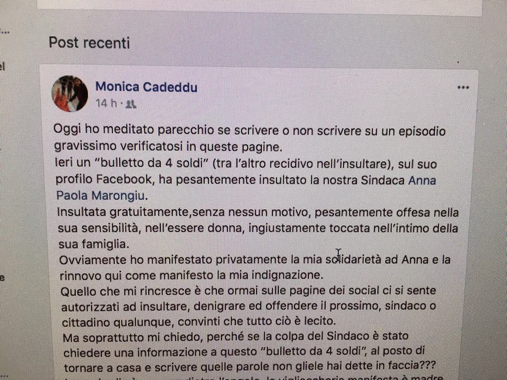 Decimomannu, sindaca insultata da un “bulletto da tastiera”: esplode la polemica
