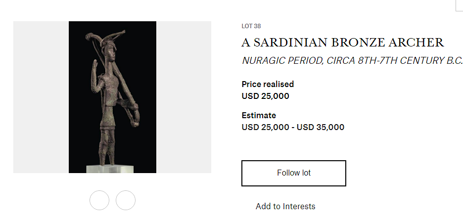 Bronzetto nuragico venduto all’asta a New York, Pili: “Uno scandalo”