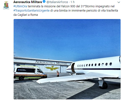 Volo militare d’urgenza da Cagliari a Roma per una bimba in pericolo di vita