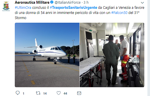 Rischia la vita, donna trasportata d’urgenza con un volo militare da Cagliari a Venezia