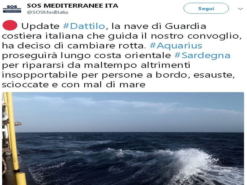 Aquarius, Sos Mediterranee: migranti “esausti e con mal di mare”. La nave costeggia la Sardegna