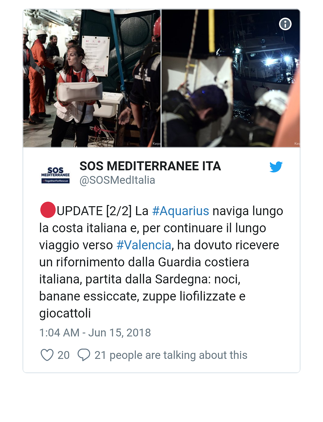 Aquarius, la nave dei migranti è a Olbia: noci, banane e giocattoli dalla Guardia costiera