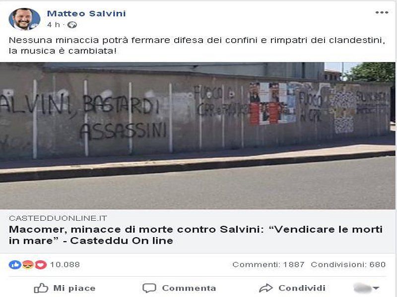 Minacce di morte a Macomer contro Salvini, il ministro: “Non fermeranno i rimpatri dei clandestini