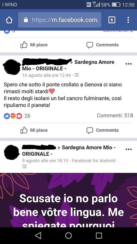 “Sardegna amore mio”, assurdi insulti choc ai sardi su Fb: “Sotto il ponte di Genova, o un cancro fulminante”