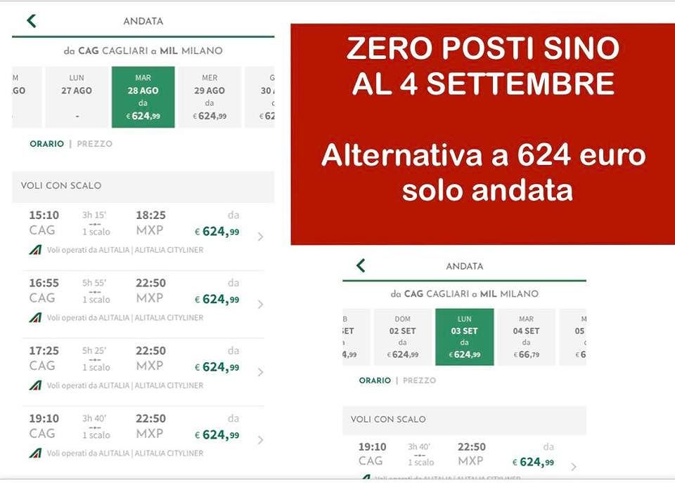 Zero posti sino al 4 settembre o 624 euro sola andata, Pili: “Scandalo Alitalia”