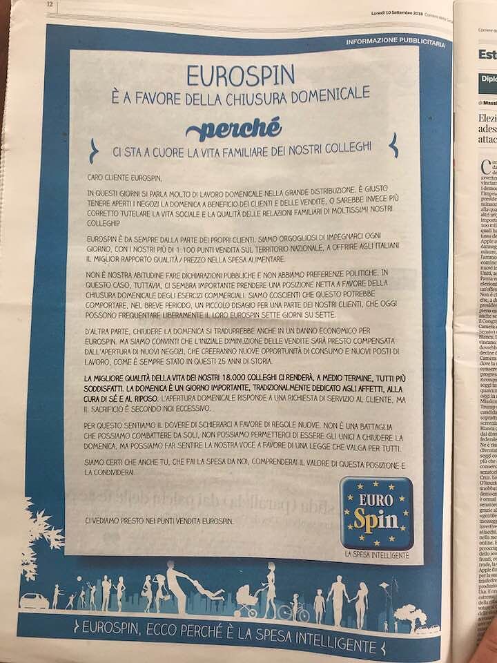 Chiusure domenicali, Eurospin dice sì: “Nasceranno nuovi negozi e arriveranno altri posti di lavoro”