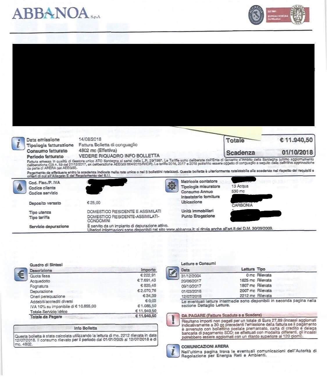 “Bolletta choc di Abbanoa, 11940 euro di acqua per una pensionata sarda invalida”