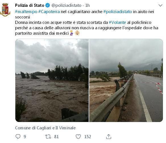 Capoterra, “miracolo” durante l’alluvione: donna incinta rompe le acque, salvata e portata al Policlinico