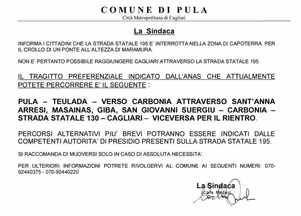 La sindaca di Pula: “Sulcitana crollata, ecco il percorso alternativo indicato dall’Anas per Cagliari”