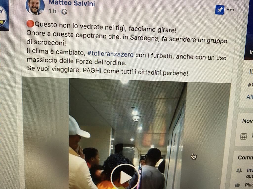 Matteo Salvini: “Sardegna, onore alla capotreno che fa scendere un gruppo di migranti scrocconi”