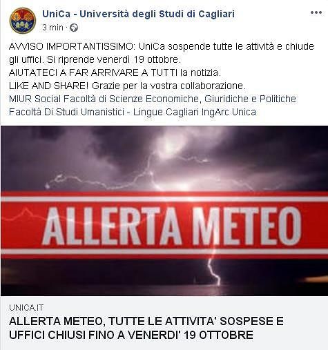 Maltempo, Università di Cagliari e Cittadella di Monserrato sbarrate per 24 ore: allerta arancione ma precauzioni “rosse”