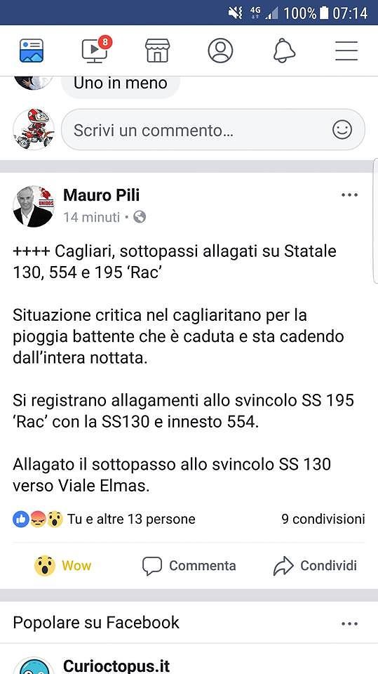 Cagliari, allagati tutti i sottopassi sulla 130, sulla 554, su 131 e 195 Racc: “Sott’acqua vari svincoli strategici”