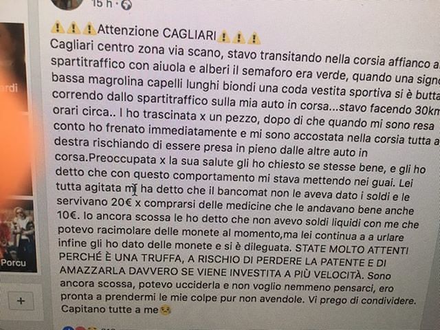 Cagliari, truffe agli automobilisti: “Una donna si è lanciata e aggrappata alla mia auto in corsa”