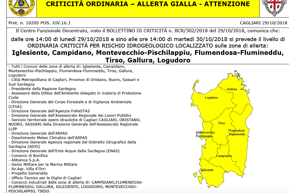 Maltempo in Sardegna, diramata una nuova allerta gialla