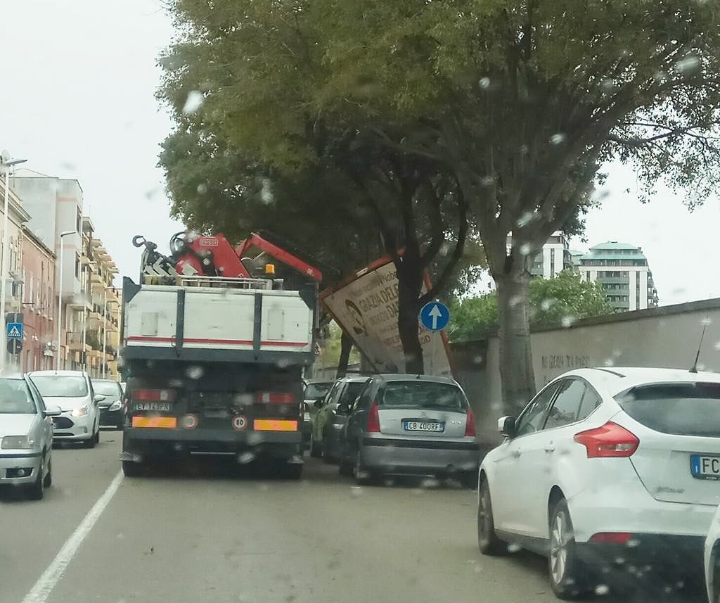 Cagliari, giù i rami in via Santa Gilla: cartellone pubblicitario crolla nella strada