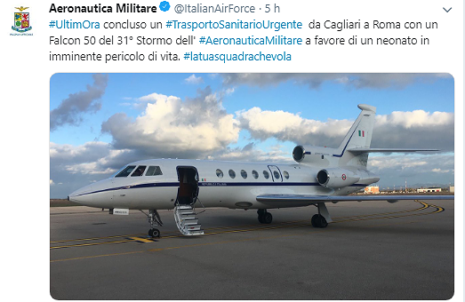Cagliari-Roma: volo salvavita con un Falcon dell’aeronautica per un neonato sardo