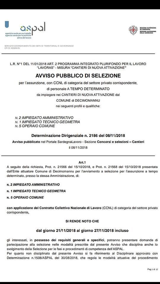 Decimomannu, si cercano tre figure professionali per i cantieri Lavoras