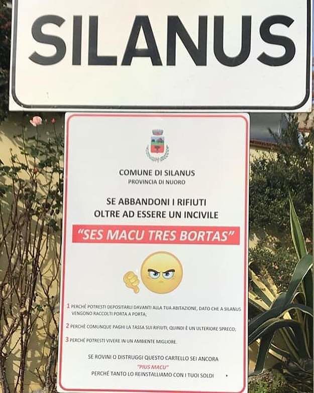 Silanus, il cartello “choc” contro gli incivili: “Butti i rifiuti? Sei scemo tre volte”