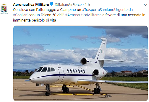 Cagliari-Ciampino, volo salvavita con un Falcon dell’Aeronautica per una neonata