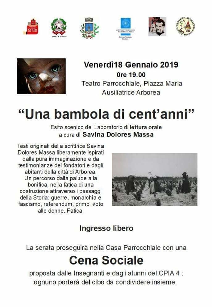 “Una bambola di cent’anni”, reading e cena sociale stasera ad Arborea