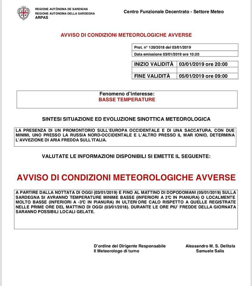 Sardegna, arriva il freddo con rischio gelate a tre gradi sotto zero: ecco l’allerta ufficiale della Protezione Civile