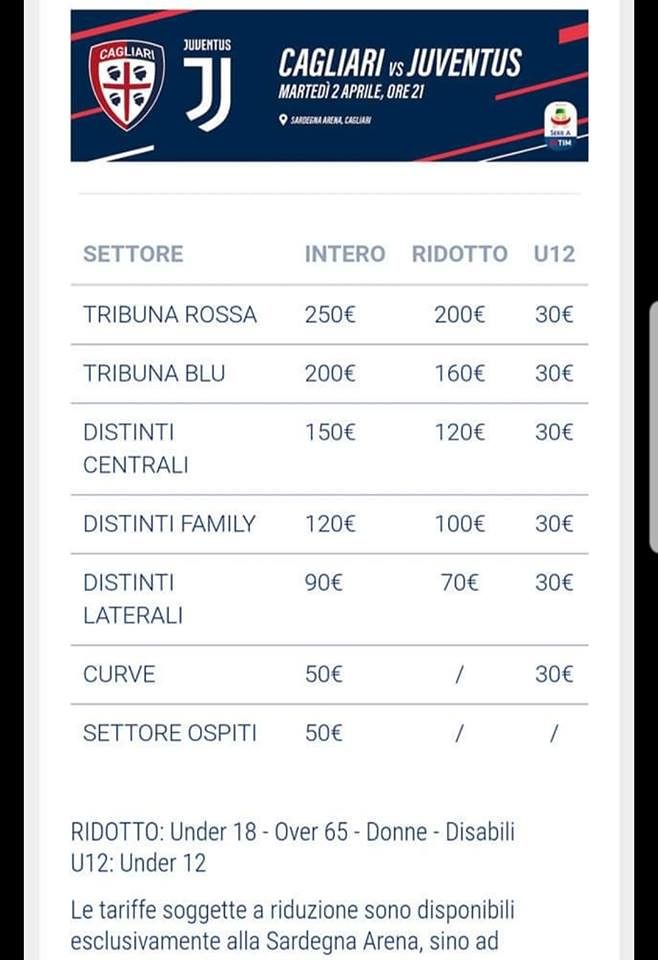 Cagliari-Juventus, gli “juventini sardi” pagheranno 50 euro nel settore ospiti: ecco tutti i prezzi settore per settore