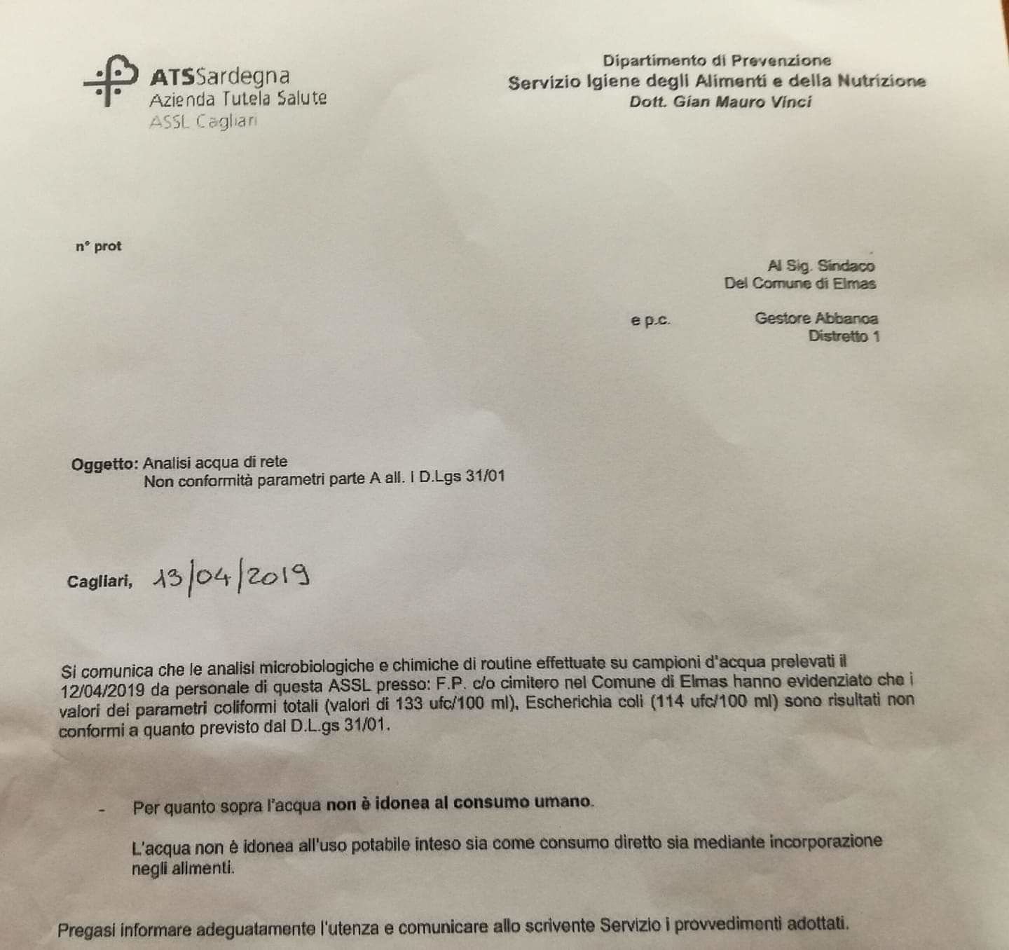 Elmas, vietato utilizzare l’acqua in tutta la città: valori di Escherichia coli troppo alti