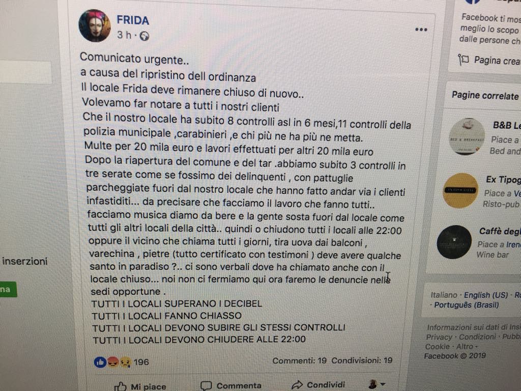 Cagliari, la rabbia del locale Frida: “Noi tartassati, multati, super controllati e costretti a chiudere alle 22”