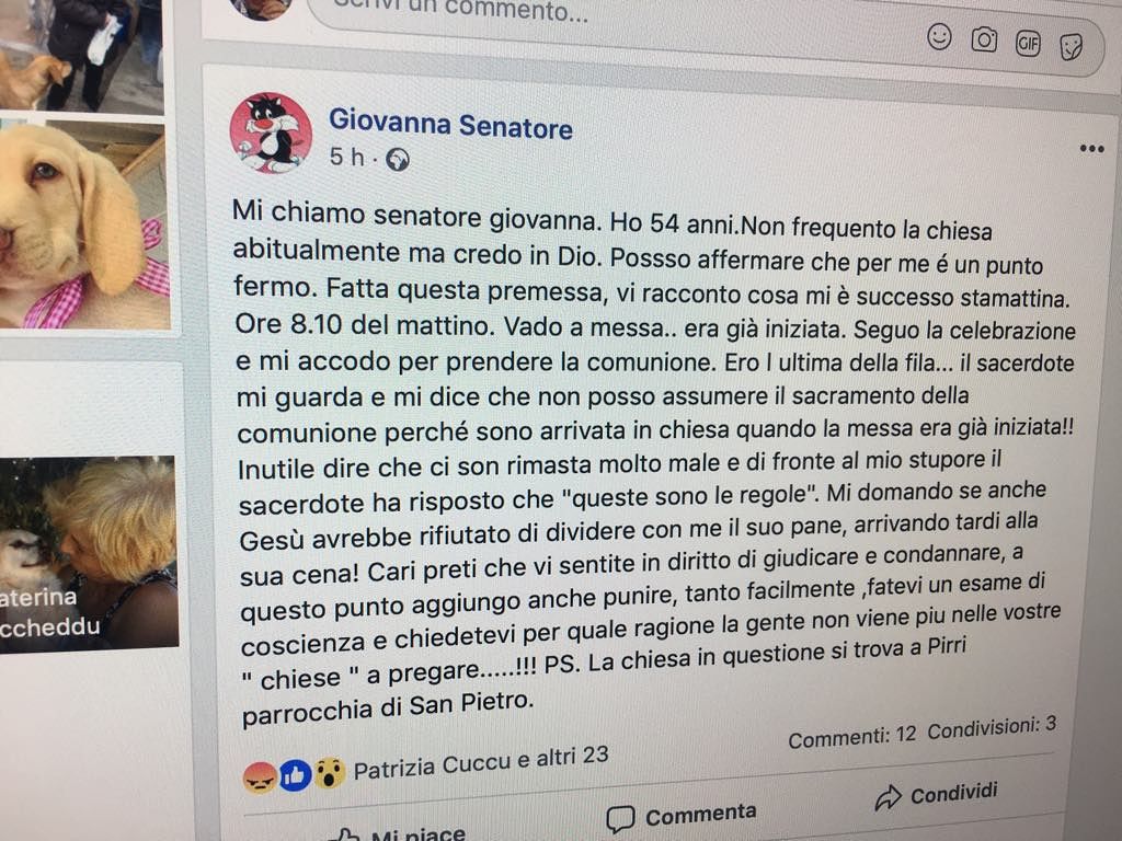 Pirri, arriva in ritardo alla Messa e il giovane prete le nega la comunione: esplode la polemica