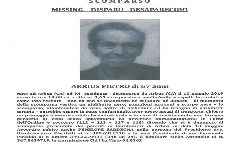 Pietro Arrius non si trova, cresce l’ansia per la sorte del 67enne sardo malato di Alzheimer