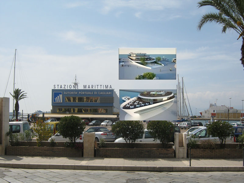 “Nuova stazione marittima di Cagliari a forma di prua di nave con negozi e hotel di lusso”
