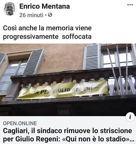 Cagliari, via lo striscione su Regeni dal Municipio: Mentana contro Truzzu