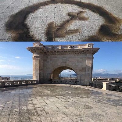 Cagliari, ripulito lo sfregio al Bastione: rimosso il cerchio nero