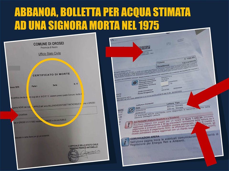 “Abbanoa spedisce una bolletta da 1400 euro a una donna di Orosei morta nel 1975”