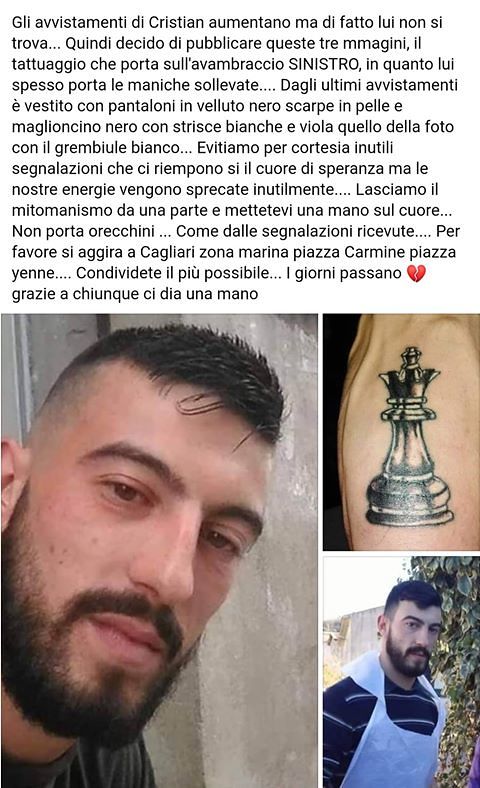 Cristian Farris scomparso, l’sos della cugina: “Ecco il suo tatuaggio, vi prego aiutateci a ritrovarlo”