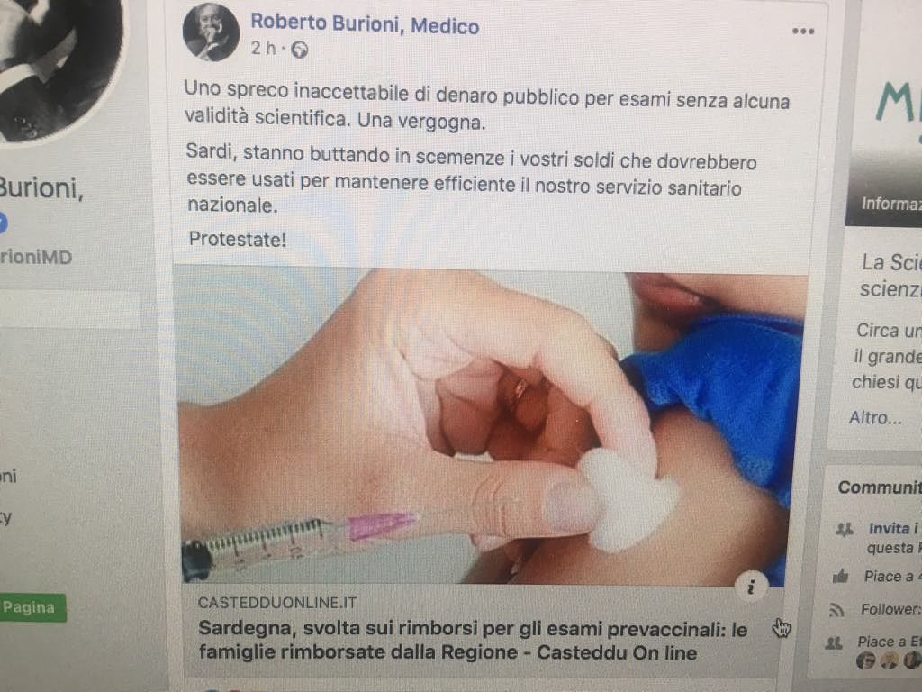 Vaccini in Sardegna, il medico Burioni twitta la polemica: “Sardi, protestate: spreco inaccettabile di soldi per esami senza valore sui bambini”