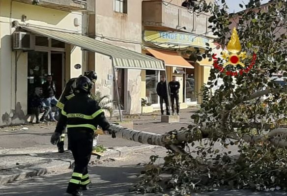 Alberi e cartelloni crollati per il forte vento a Carbonia, duro lavoro dei Vigili del fuoco