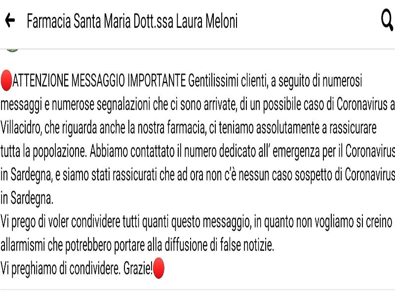 Villacidro, mesaggio bufala su WhatsApp scatena il panico: “Un caso di Coronavirus”