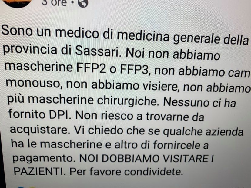 Sassari, l’sos disperato di una dottoressa: “Non abbiamo mascherine, né camici, né visiere: dobbiamo visitare i pazienti, aiutateci”