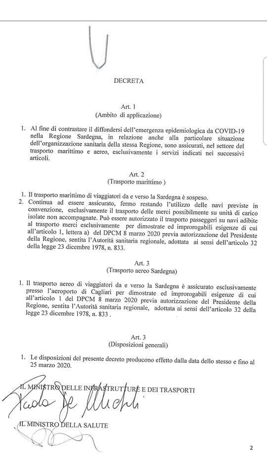 Sardegna e Coronavirus, sospesi tutti i collegamenti aerei e navali delle persone, tranne “improrogabili esigenze”: Isola blindata