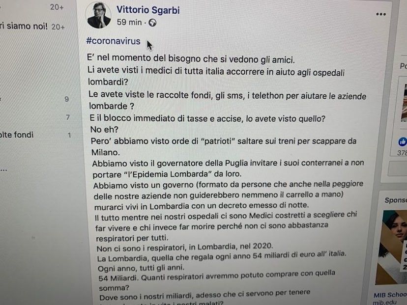 Sgarbi, duro post sul Coronavirus: “Adesso che siamo noi lombardi ad avere bisogno, dov’è l’unità d’Italia?”