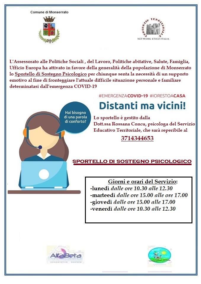 “Distanti ma uniti”, la bella iniziativa di Monserrato: “Apre lo sportello per l’assistenza psicologica in tempi di Coronavirus”
