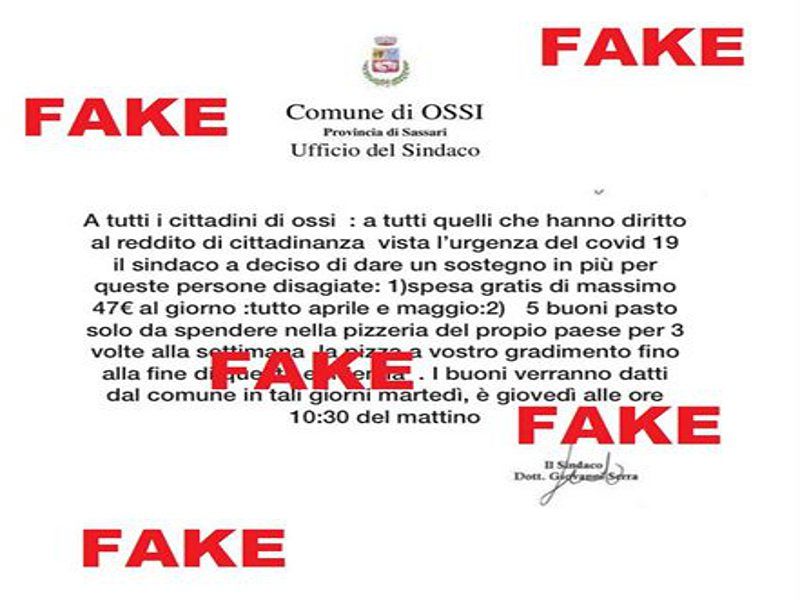 Ossi, l’atroce scherzo nell’emergenza Coronavirus: “Il sindaco vi regala soldi e buoni pasto”