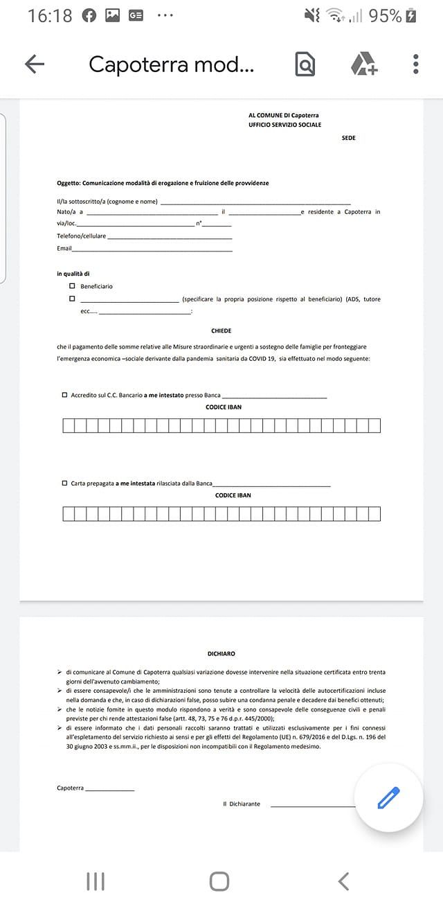 Aiuti alle famiglie sarde in crisi dalla Regione, ecco il modulo dei Comuni per richiedere gli 800 euro