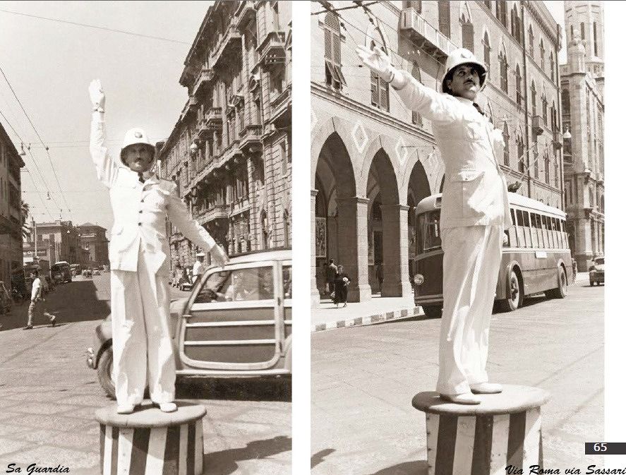 Vigili Urbani nella loro funzione di Moviere sulla pedana: così veniva guidato il traffico a Cagliari negli anni ’40
