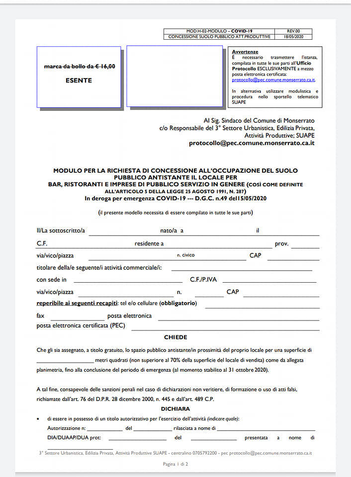 Ecco il modulo: Monserrato concede il suolo pubblico cittadino per salvare bar e ristoranti